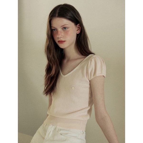 Back ribbon coloring v neck puff knit - pink