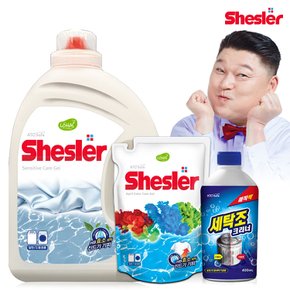 강호동의 쉬슬러 액상 세제 센스티브 3.05L 1개+세제리필 500ml 1개+세탁조 클리너 400ml 1개.