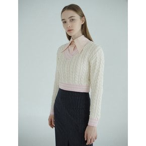 V-NECK CABLE KNIT / LIGHT BEIGE