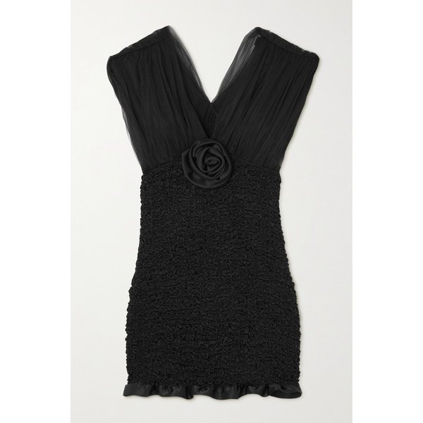 아플리케 셔링 실크 새틴 튤 미니 드레스 블랙 1647597302820371