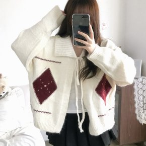 다이아 울캐시 아가일 리본 스트랩 볼레로 가디건