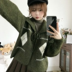 다이아 울캐시 아가일 리본 스트랩 볼레로 가디건