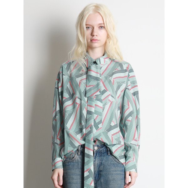 스트라이프 프린트 셔츠 타이 블라우스 민트