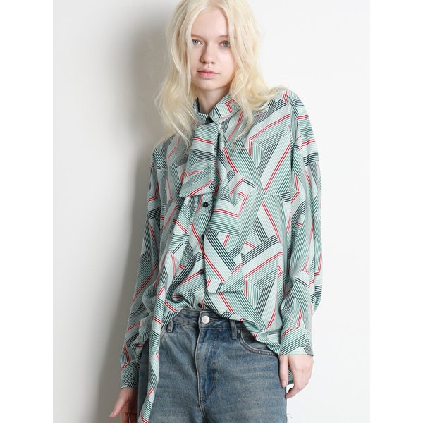 스트라이프 프린트 셔츠 타이 블라우스 민트