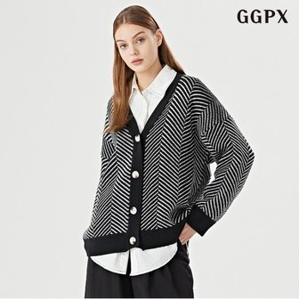 GGPX 정상가:59,000원  데일리 헤링본 패턴 V넥 루즈핏 긴팔 가디건 (GOCCK001D)