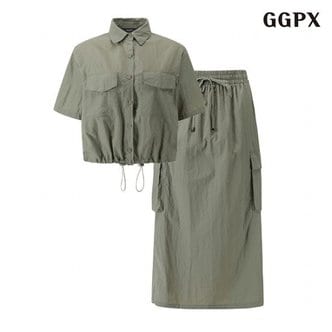 GGPX 정상가:119,000원  카라넥 스트링 블라우스 밴딩 포켓 롱 스커트 셋업 (GOBOW075D)