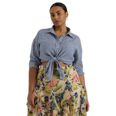 폴로 랄프 로렌 우먼 로렌 랄프로렌 Plus-Size 스트라이프 코튼 브로드클로스 셔츠 - Blue/White 1 9004563