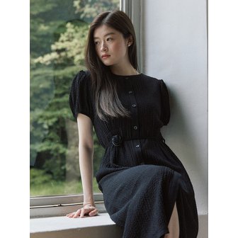 어다울 Seersucker half shirring long dress - black