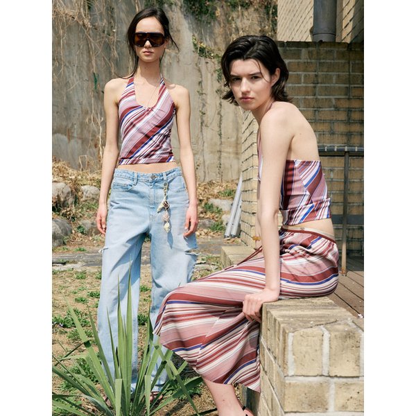 DIAGONAL STRIPE SKIRT_BROWN