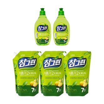  참그린 주방세제 녹차 기름기 2X 뽀드득 용기 500g x2 + 리필 1.2L x3