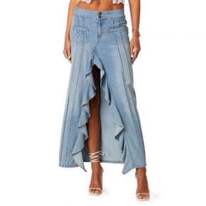 4108851 EDIKTED Valencia Ruffle Slit Front Denim Maxi Skirt