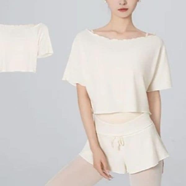 확대된 대표 러벨 성인발레복 크롭 무용 탑 오프숄더 반팔 티셔츠 발레 연습복 커버업