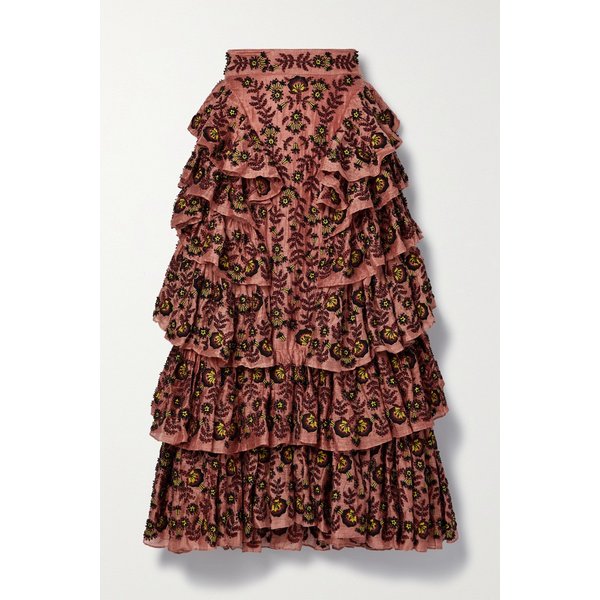 Reesha Embellished Tiered Linen And Silk-blend Midi Skirt 버건디 1647597284340425