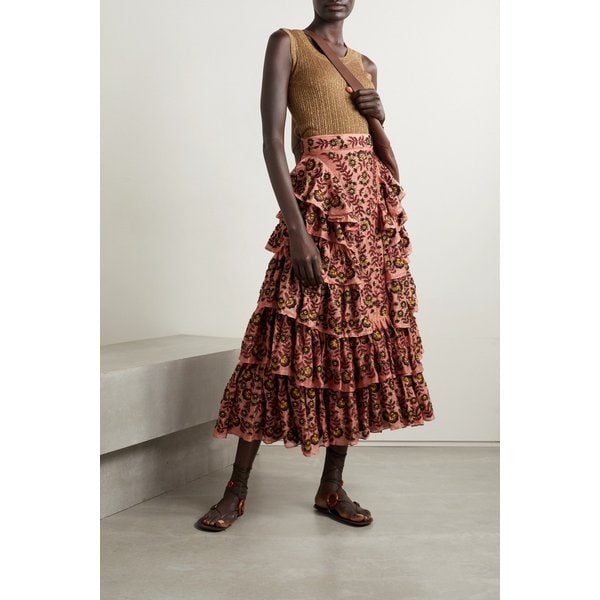 Reesha Embellished Tiered Linen And Silk-blend Midi Skirt 버건디 1647597284340425