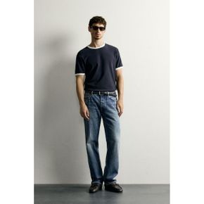 ZARA 자라 레슬러 베이직 콘트라스트 리브드 티셔츠 네이비 블루 0761414401 0761414 1274126