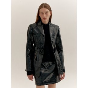 GLOSSY FAUX LEATHER BELTED JACKET (BLACK)