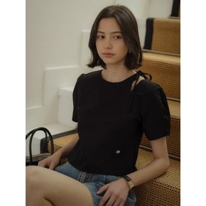 Cut-out ribbon half sleeve blouse_Black