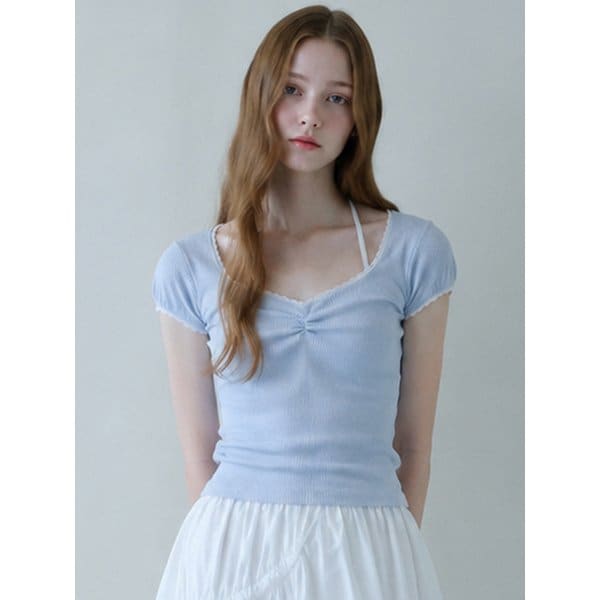 DEW LACE SHIRRING T-SHIRT_SKY BLUE
