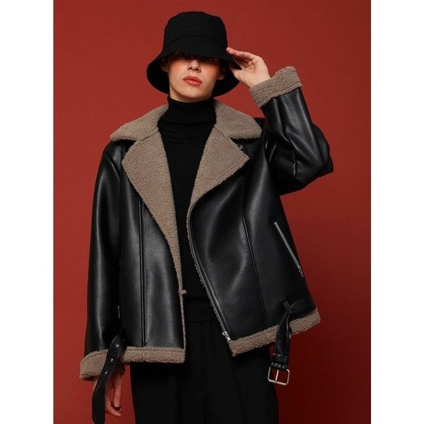 MEN 오버핏 무스탕 플리스 자켓 Black Khaki_Gray