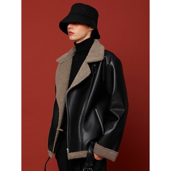 MEN 오버핏 무스탕 플리스 자켓 Black Khaki_Gray