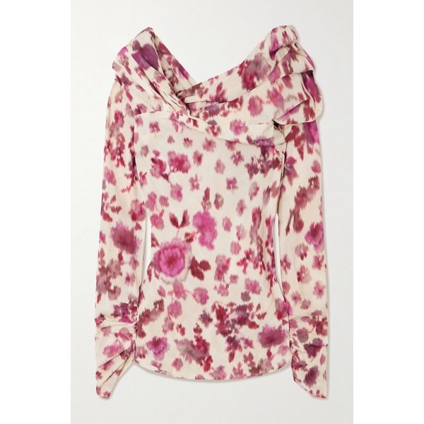 단카 오프숄더 드레이프 플로럴 프린트 스트레치 실크 탑 46376663162989504