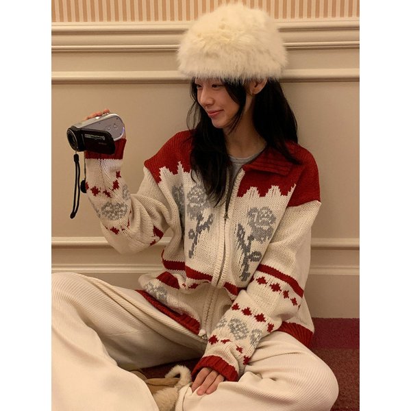 로즈 플라워 쟈가드 니트 울 집업 ( 3 colors )