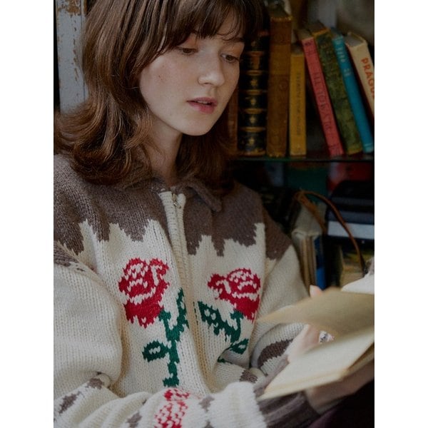 로즈 플라워 쟈가드 니트 울 집업 ( 3 colors )