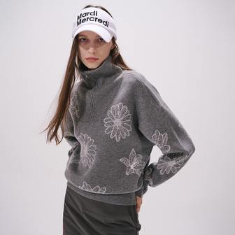 Mardi Mercredi Actif [마르디메르크디악티프] HIGH NECK KNIT ZIPUP ALL OVER FLOWERS_GREY IVORY/ AFK33KPO009GYIV