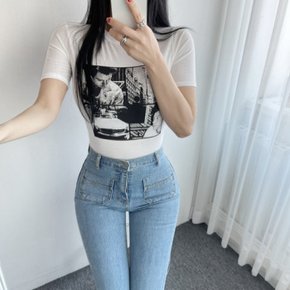 / 슬림핏 데일리 프린팅 라운드넥 반팔 크롭 티셔츠 2컬