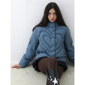 Heart Puffer Jacket Check Blue