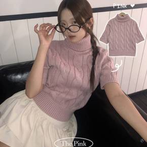 / 틴드 터틀넥 꽈배기 크롭 반팔 니트