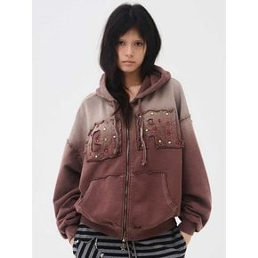 Gem Stone Washed Hoodie Zip up  Brown