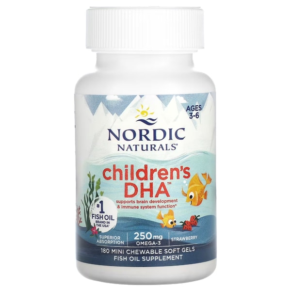 노르딕 내추럴스 DHA 250mg 어린이 오메가3 키즈 영양제 딸기맛 180정 미니츄어블 소프트젤