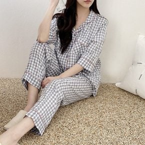 [옷자락] 여자 홈웨어 바둑판체크셔츠 긴바지 파자마 잠옷 세트