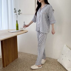 [옷자락] 여자 홈웨어 바둑판체크셔츠 긴바지 파자마 잠옷 세트
