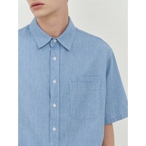 Linen denim double pocket 1/2 shirt (light blue)