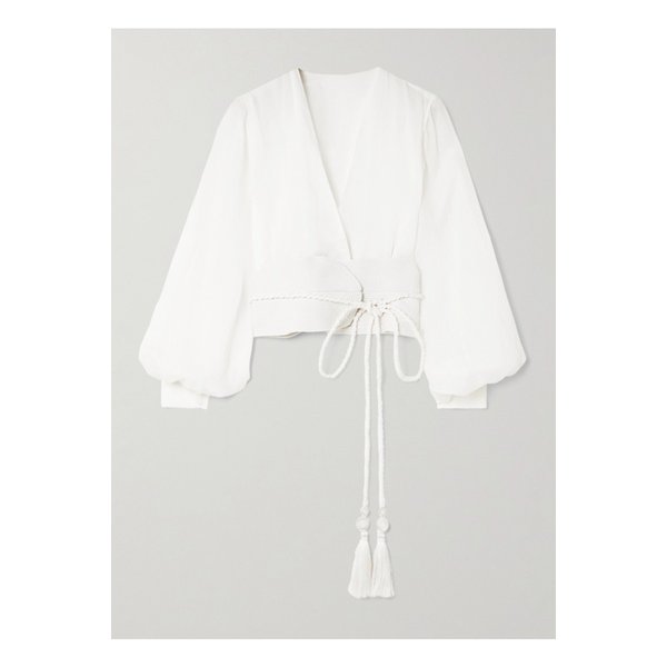 안드레스 오탈로라 라 코스타 브레이드 트리밍 벨트 리넨 블라우스 화이트 46376663162870372