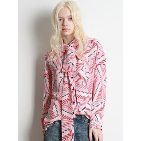스트라이프 프린트 셔츠 타이 블라우스 핑크