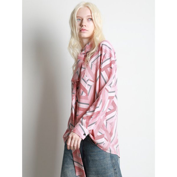 스트라이프 프린트 셔츠 타이 블라우스 핑크