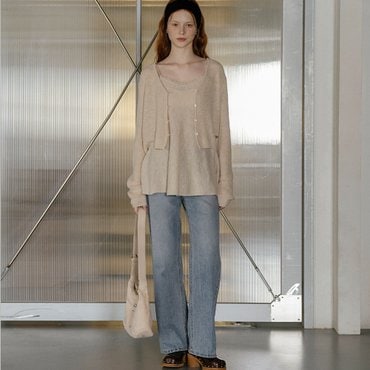 노운베러 Romantic hachi knit sleeveless cardigan set_Oatmeal