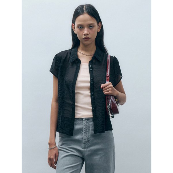 크링클 시스루 숏 퍼프 슬리브 셔츠 블랙 MDSH022BLACK