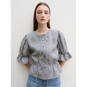 Linen shirred waist blouse (check)