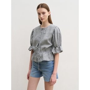 Linen shirred waist blouse (check)