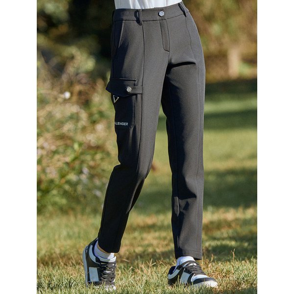 여성 카고포켓 본딩기모 일자핏 팬츠 블랙