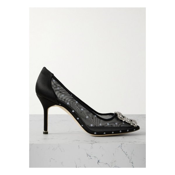 한기시 새틴 트리밍 크리스털 장식 플록 메시 펌프스 90mm 블랙 1647597360419807