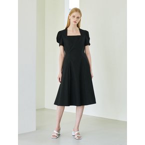 Square Neck Shirring Dress - Black