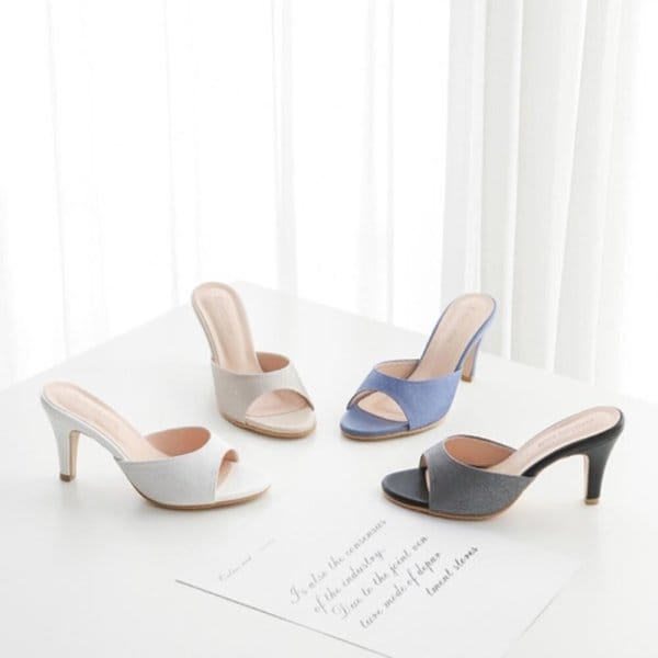 [옷자락] 여성 데일리 오픈토 짜임 가죽 8cm굽 가죽 뮬 샌들