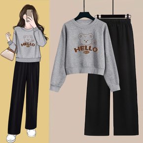 키작녀 패션 레터링 라운드 맨투맨 긴팔티 + 밴딩 와이드 일자 팬츠 봄 가을 오버핏 캐주얼 데일리룩 여성