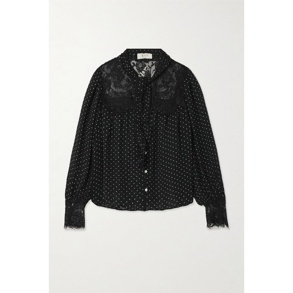 멜로디 타이 디테일 레이스 트림 폴카 도트 크레이프 드 신 블라우스 46376663162969449