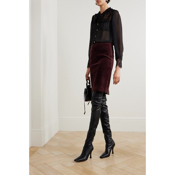 멜로디 타이 디테일 레이스 트림 폴카 도트 크레이프 드 신 블라우스 46376663162969449